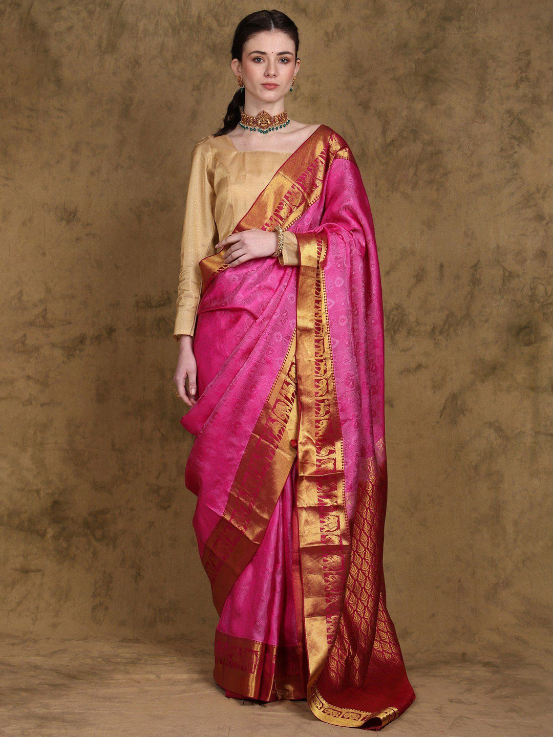 Exotic India Birds and Animals Woven Saree with Zari work Border