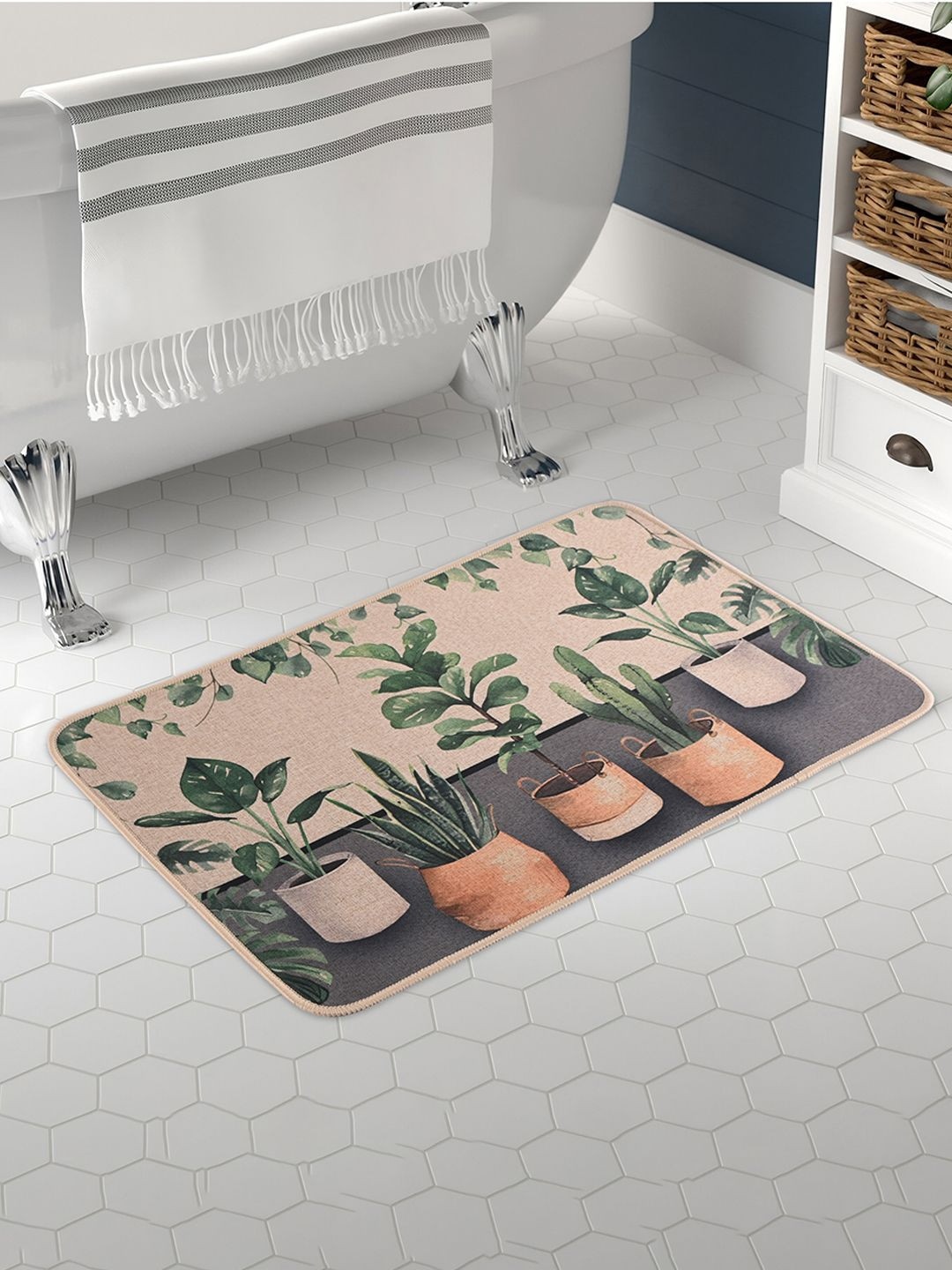 Kuber Industries Beige & Green Printed Bathroom Door Mat