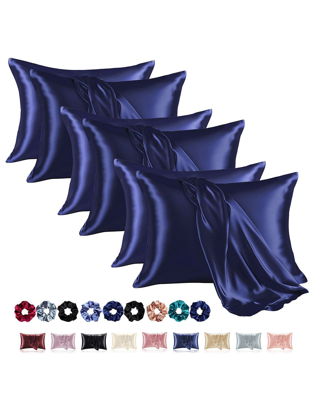 Kuber Industries Navy Blue 6 Pieces Rectangle Soft Satin Pillow Covers & Scrunchies