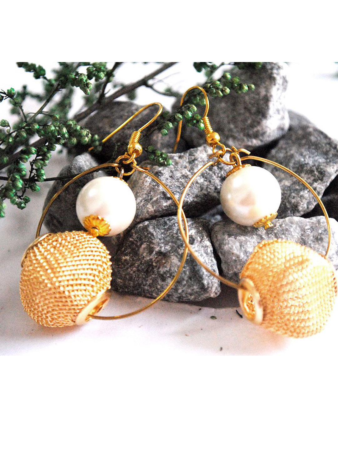 BeAbhika Gold-Plated Pearls Contemporary Mesh Drop Earrings