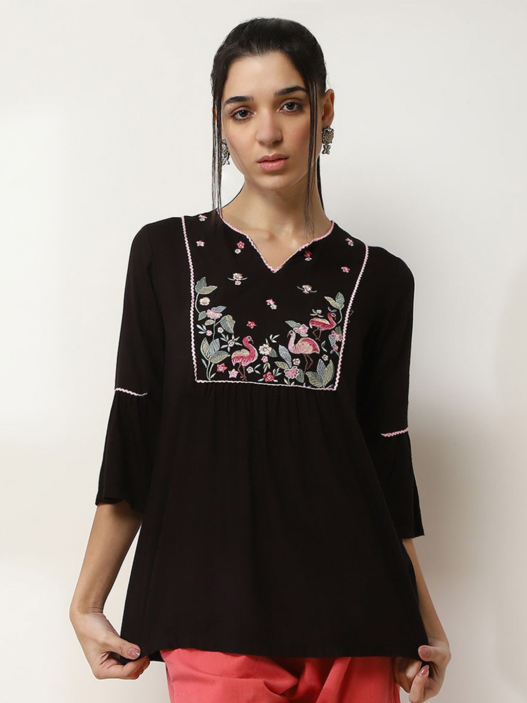 Rangriti Women Floral Printed Mandarin Collar A-Line Top
