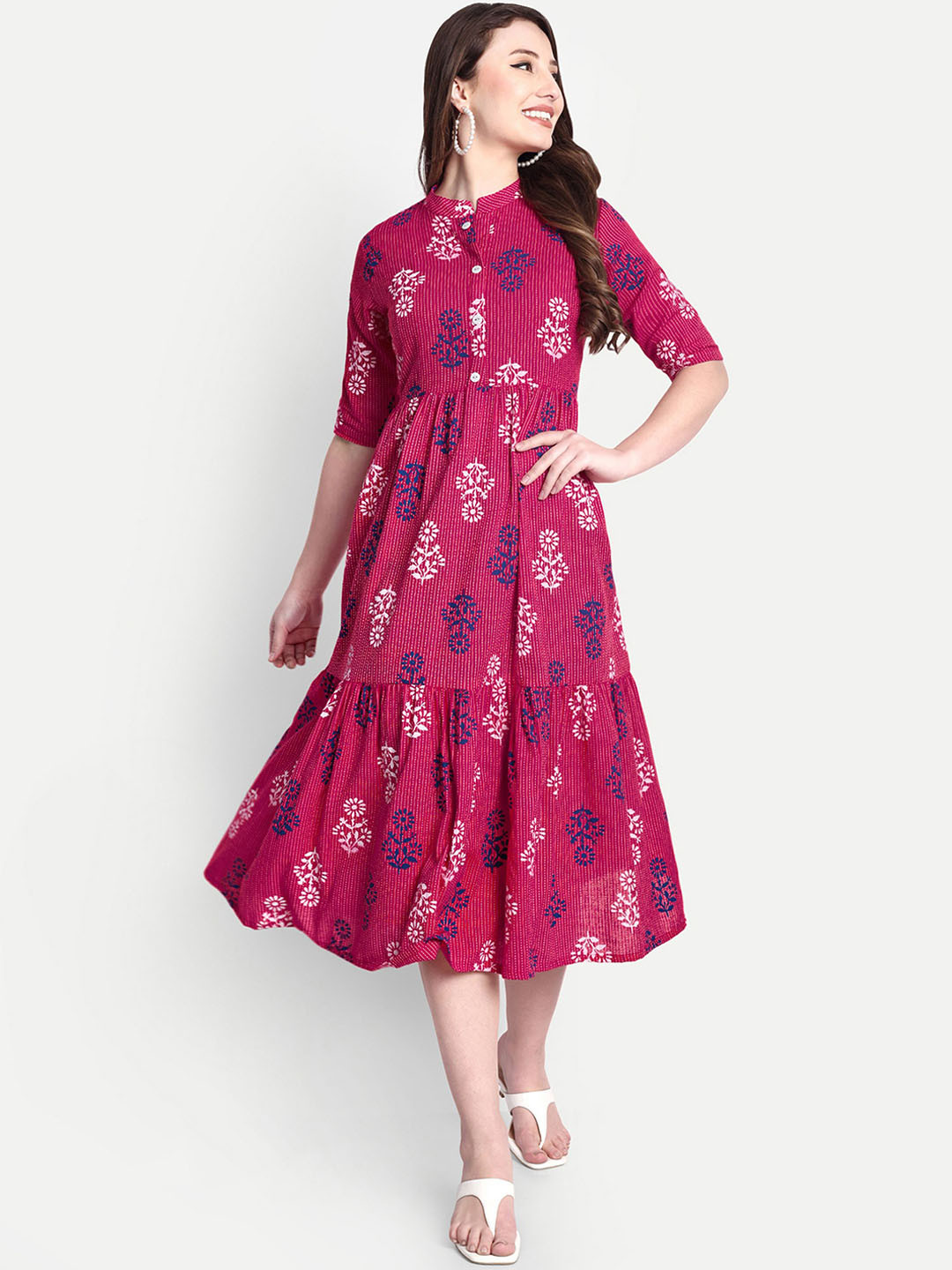 Hujum Ethnic Motifs Printed Mandarin Collar A-Line Pure Cotton Ethnic Dress