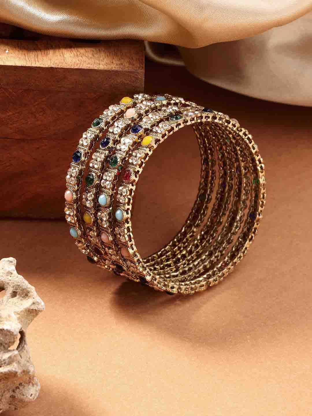 PANASH Set of 4 Gold-Plated Multicolour Stone Studded Bangles