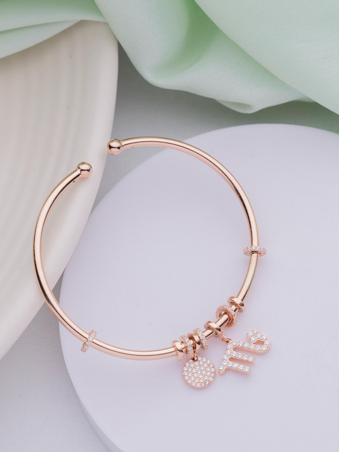 LIORA 925 Silver Jewellery Women Sterling Silver Rose Gold-Plated CZ-Studded Cuff Bracelet