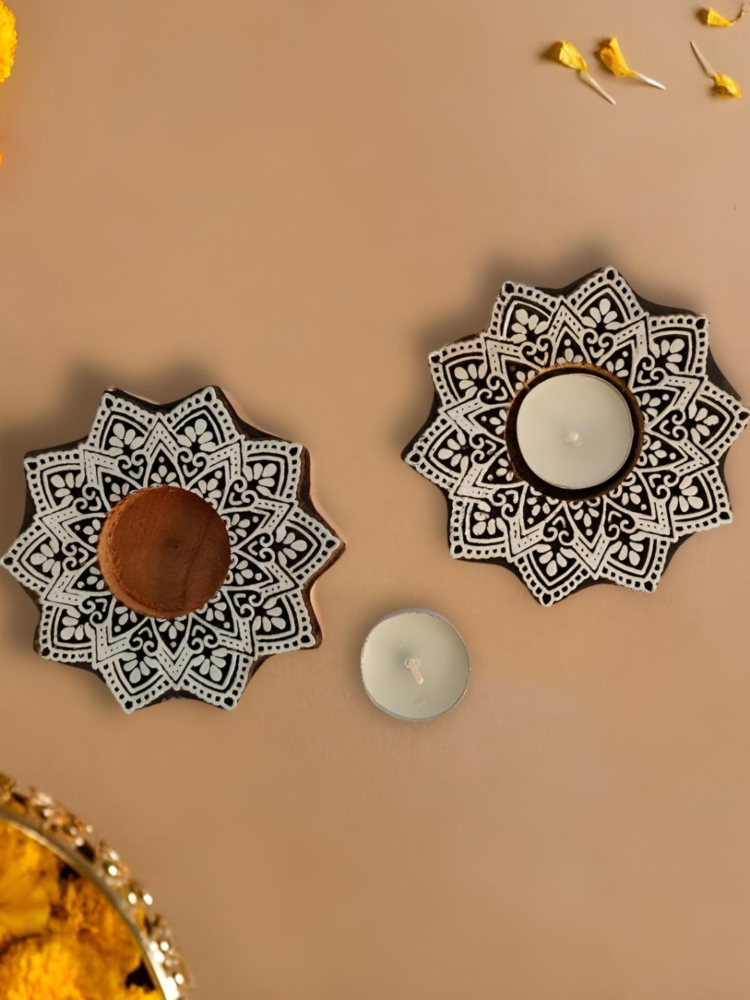 MAATIR DESIGNS Tan & White 2 Pieces Textured Wooden Mandala Tea Light Candle Holders