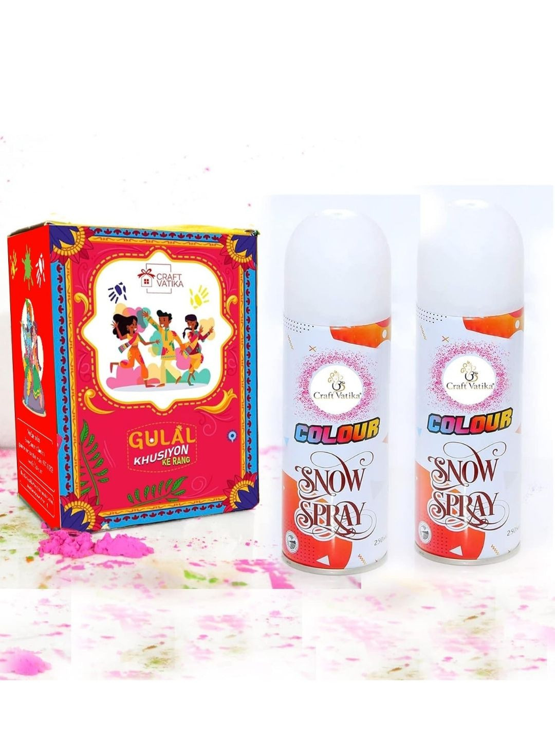 CraftVatika Red and White 5 Shades Gulal Organic Holi Colours With Holi Spray