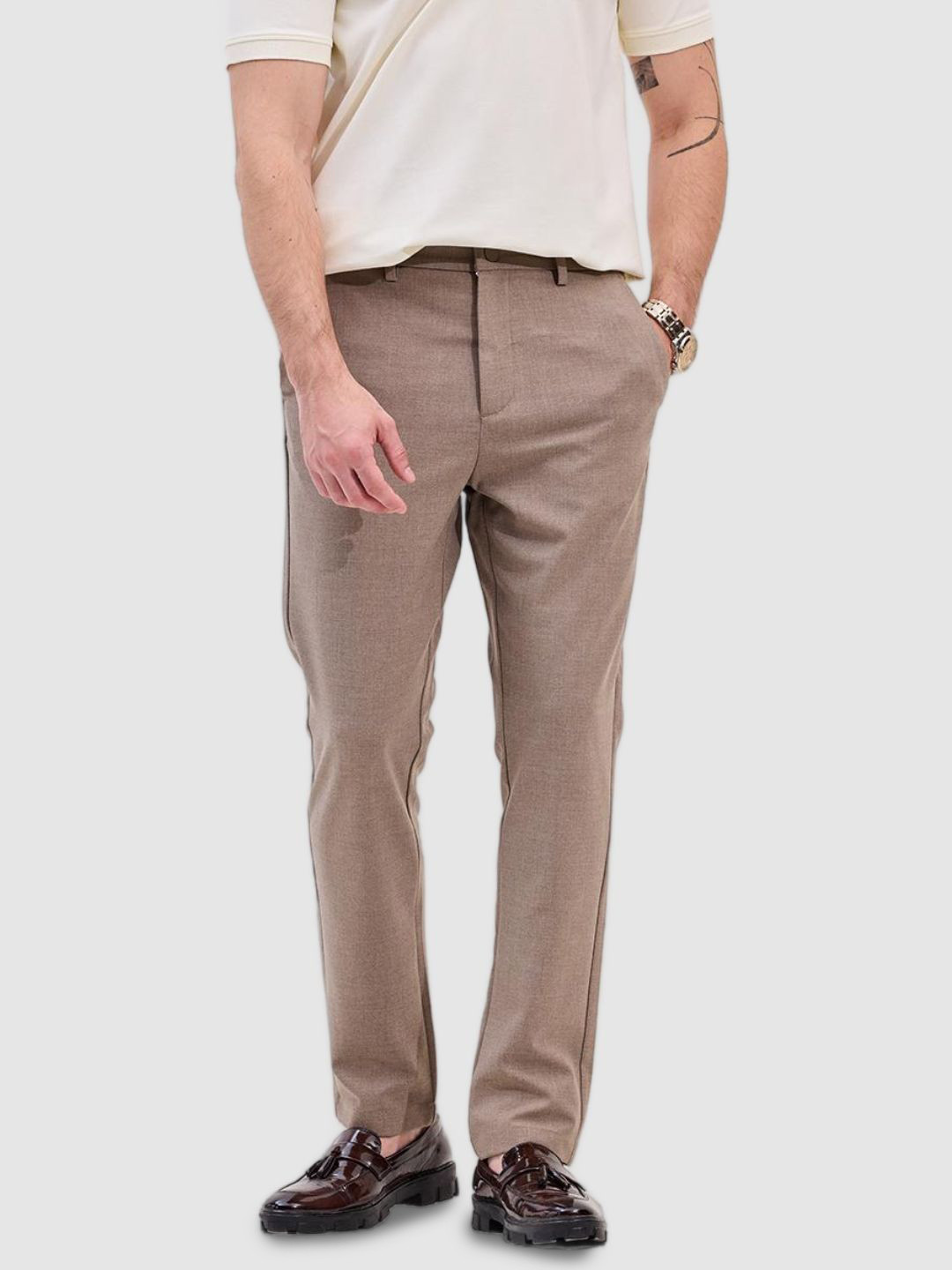 Snitch Men Light Brown Self-Design Slim Fit Trousers