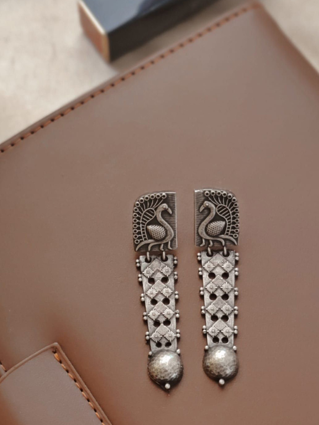 Janpath Online Oxidised Peacock Shaped Drop Earrings