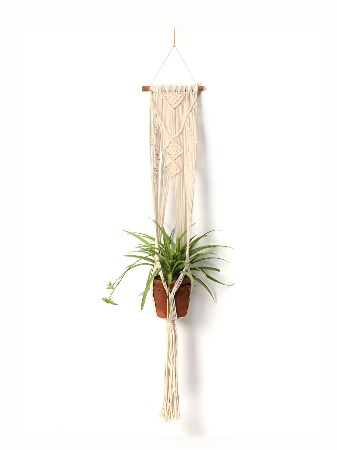 DULI Cream Off White Self Design Macrame Boho Planter Wall Hanging