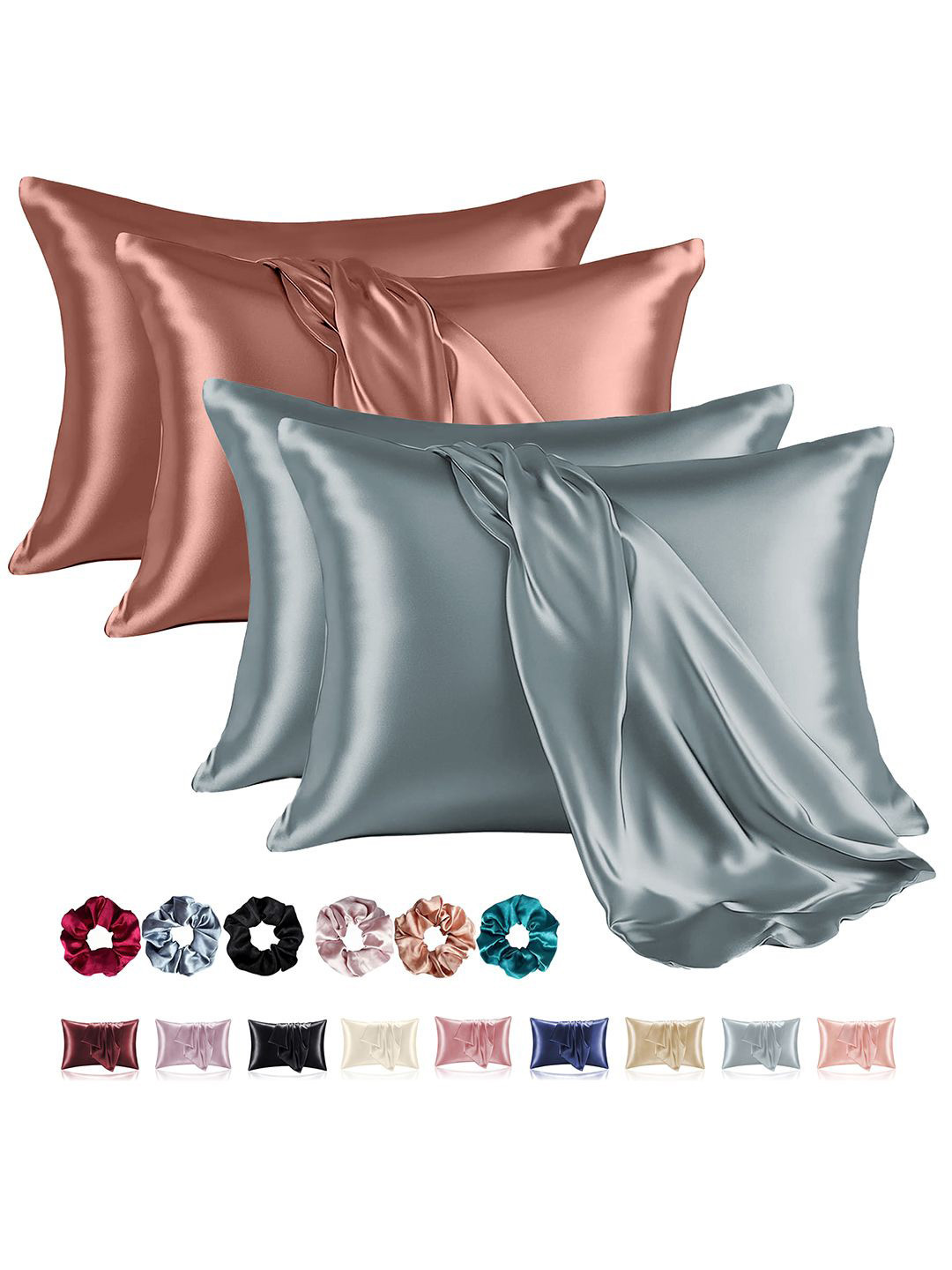 Kuber Industries Grey & Copper-Toned 4 Pieces Silk Rectangle Pillow Covers & 3 Scrunchies