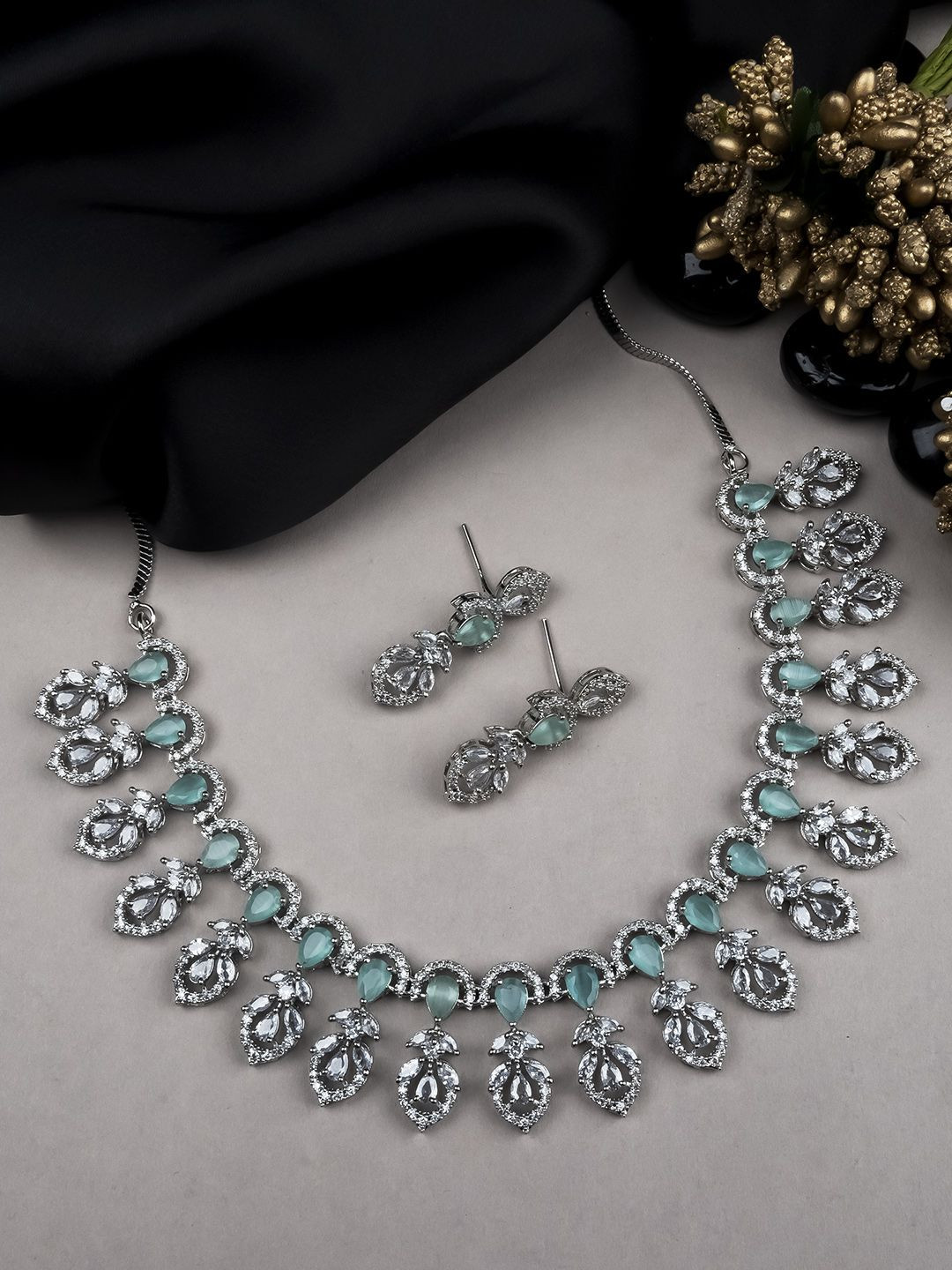 StileAdda Elegant Silver-Plated Turquoise American Diamond Studded Jewellery Set