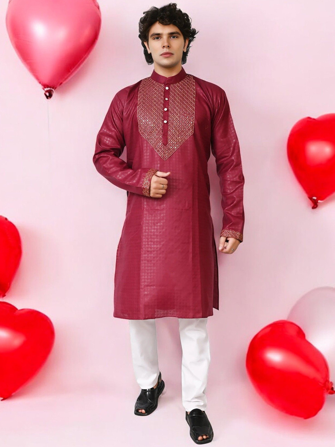 Atly Geometric Woven Design Mandarin Collar Sequinned Straight Kurta With Trouser