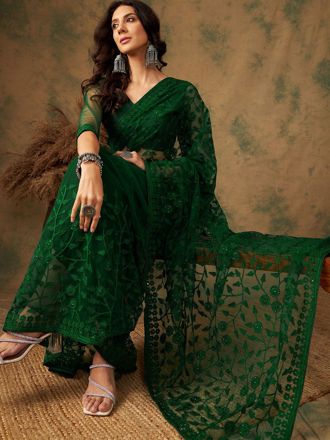 DEVATITHI Embellished Embroidered Olive Net Saree