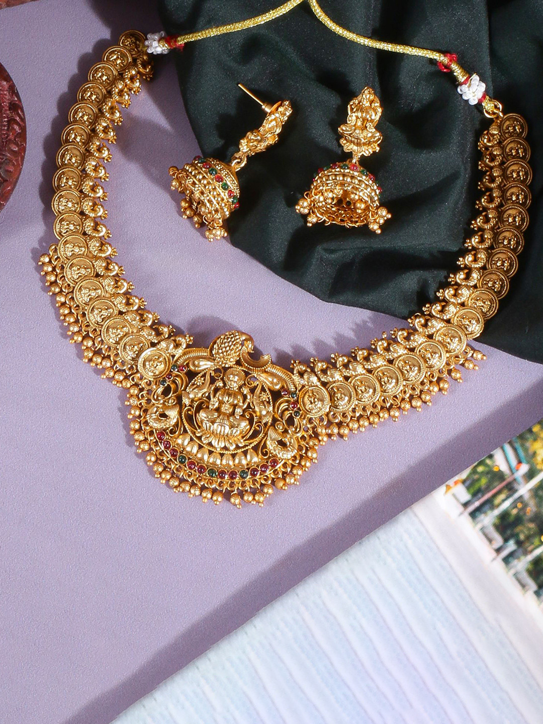 JANAVI Gold-Plated Artificial Stone-Studded And Beaded Temple Jewellery Set