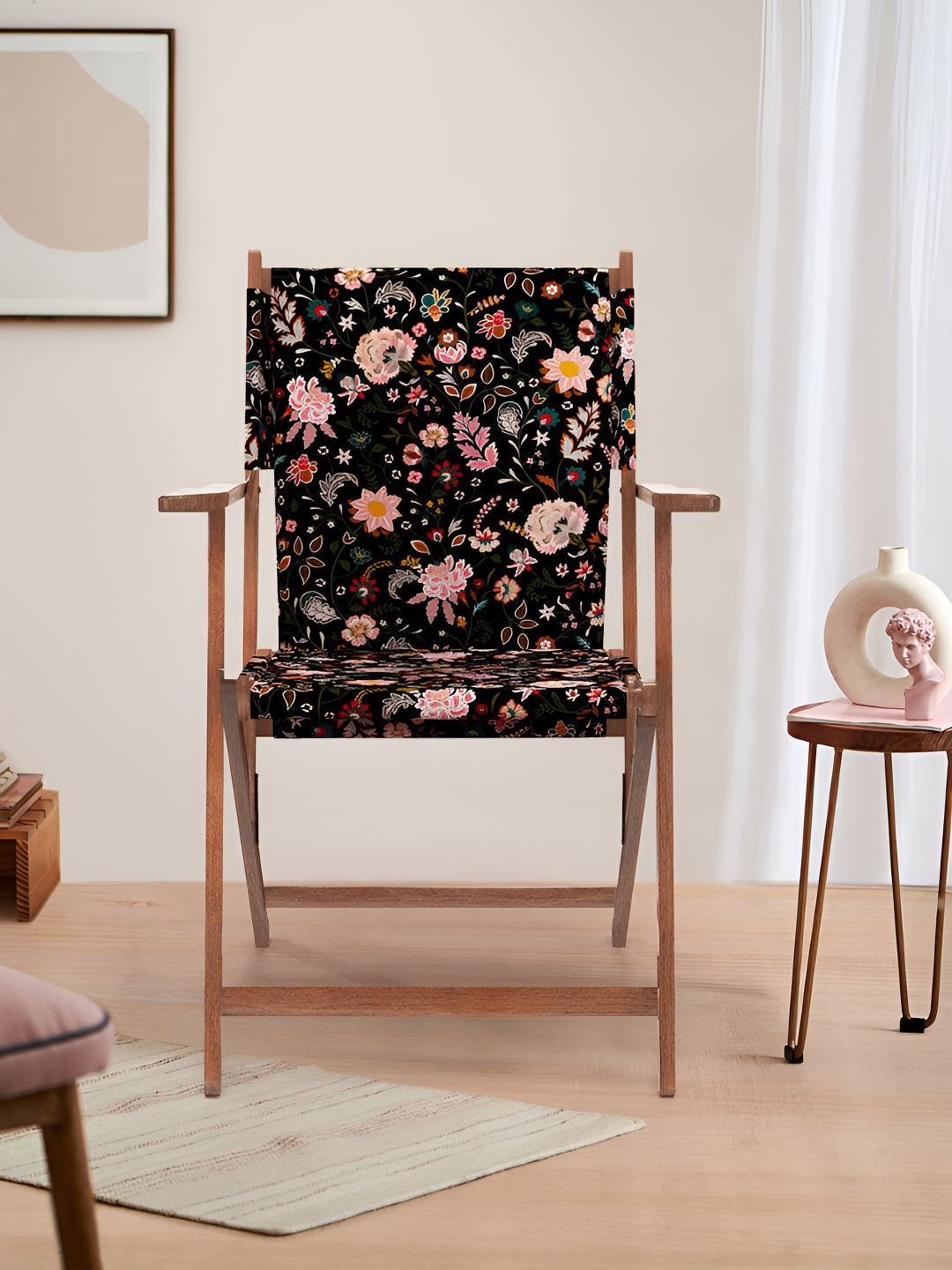 Chumbak Black Floral Printed Bohemian Paisleys Bistro Wooden Folding Chair