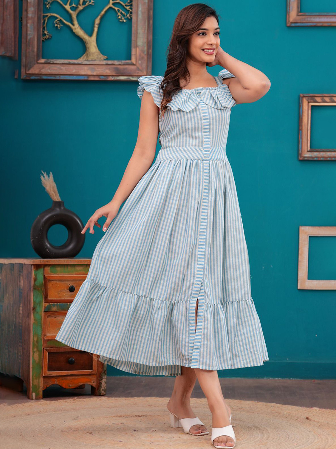 SARAI CREATIONS Striped Flutter Sleeve Fit & Flare Midi Dress