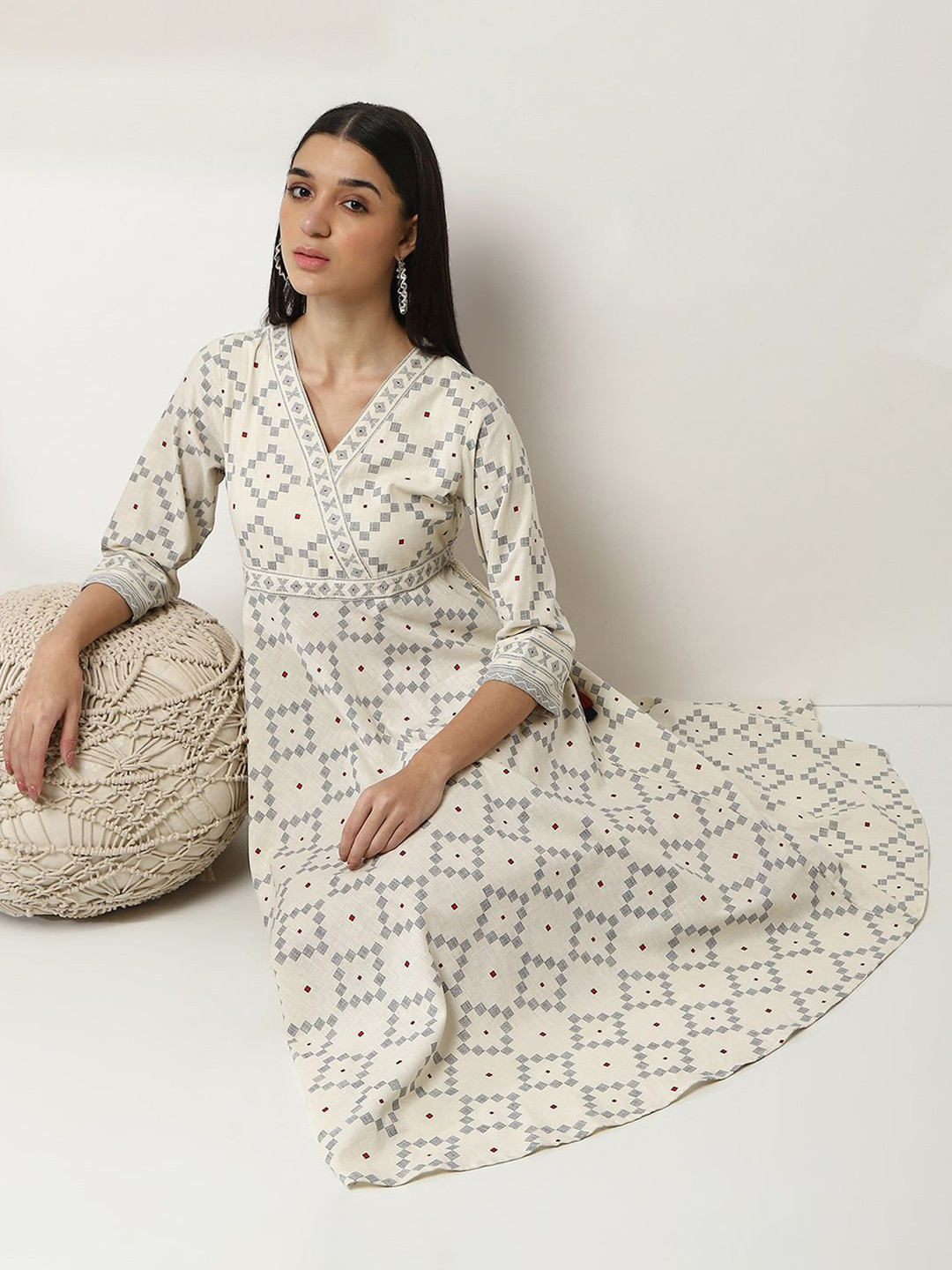 Rangriti Printed Puff Sleeve Fit & Flare Midi Dress