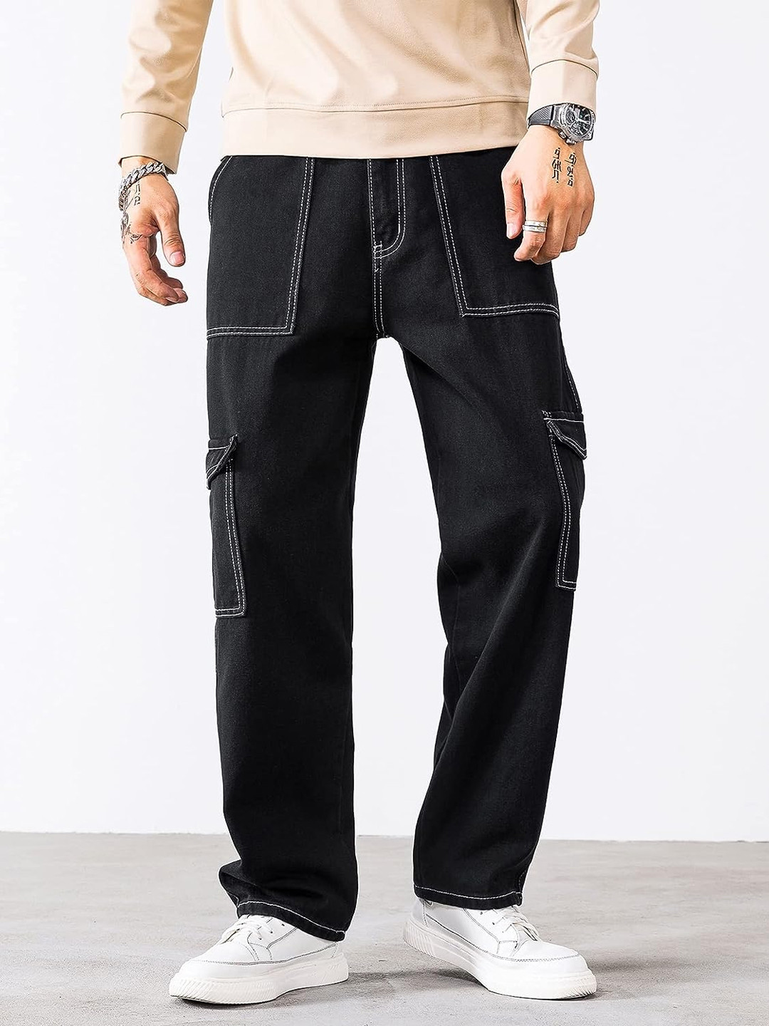 MASTERLY WEFT Men Super Relaxed Fit Mildly Distressed Stretchable Cargo Styles Jeans