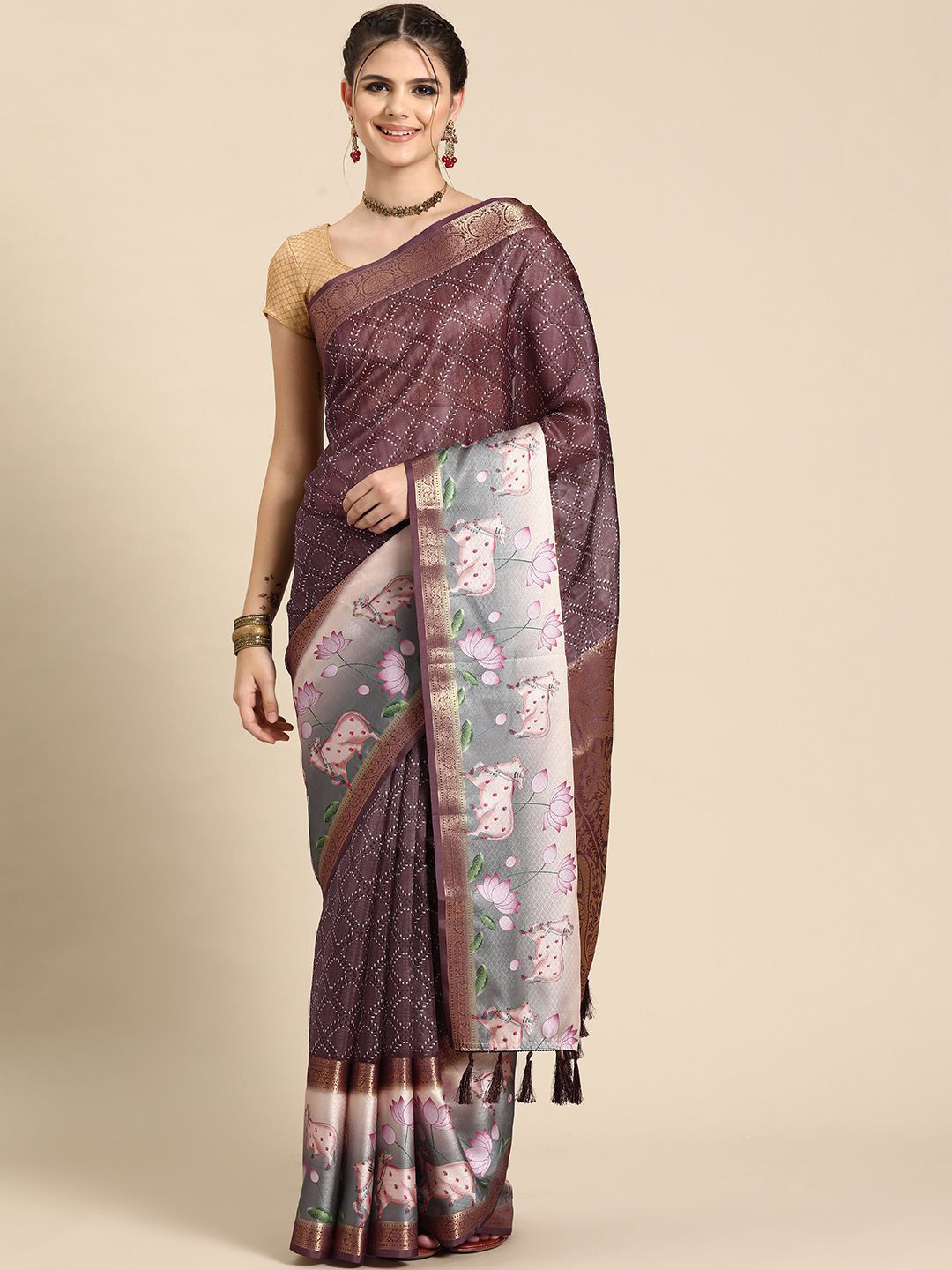 DIVASTRI Kanjivaram Silk Pichwai Digital Printed Saree with Woven Border & Pallu