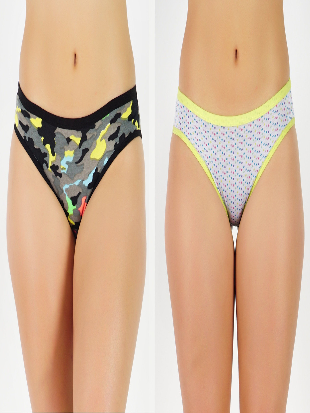 GOTO Women Pack Of 2 Mid Rise Bikini Briefs Cotton-Print-penty Army White Dot 2ps