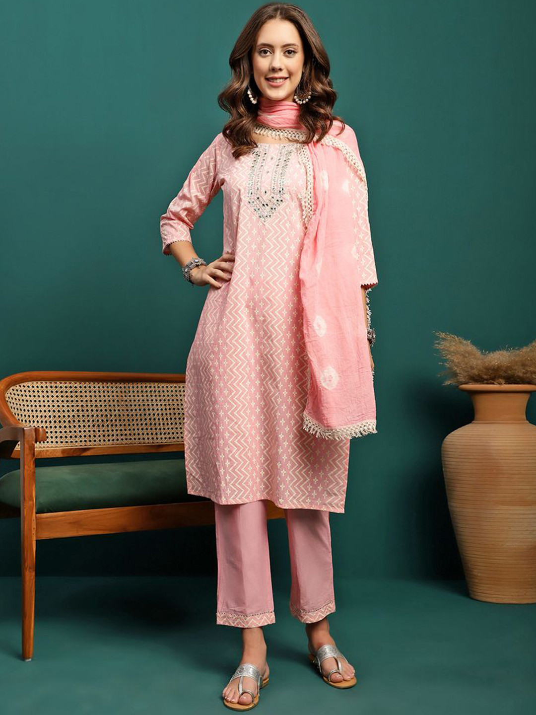 Sangria Pink Geometric Embroidered Round Neck Straight Kurta With Trouser And Dupatta