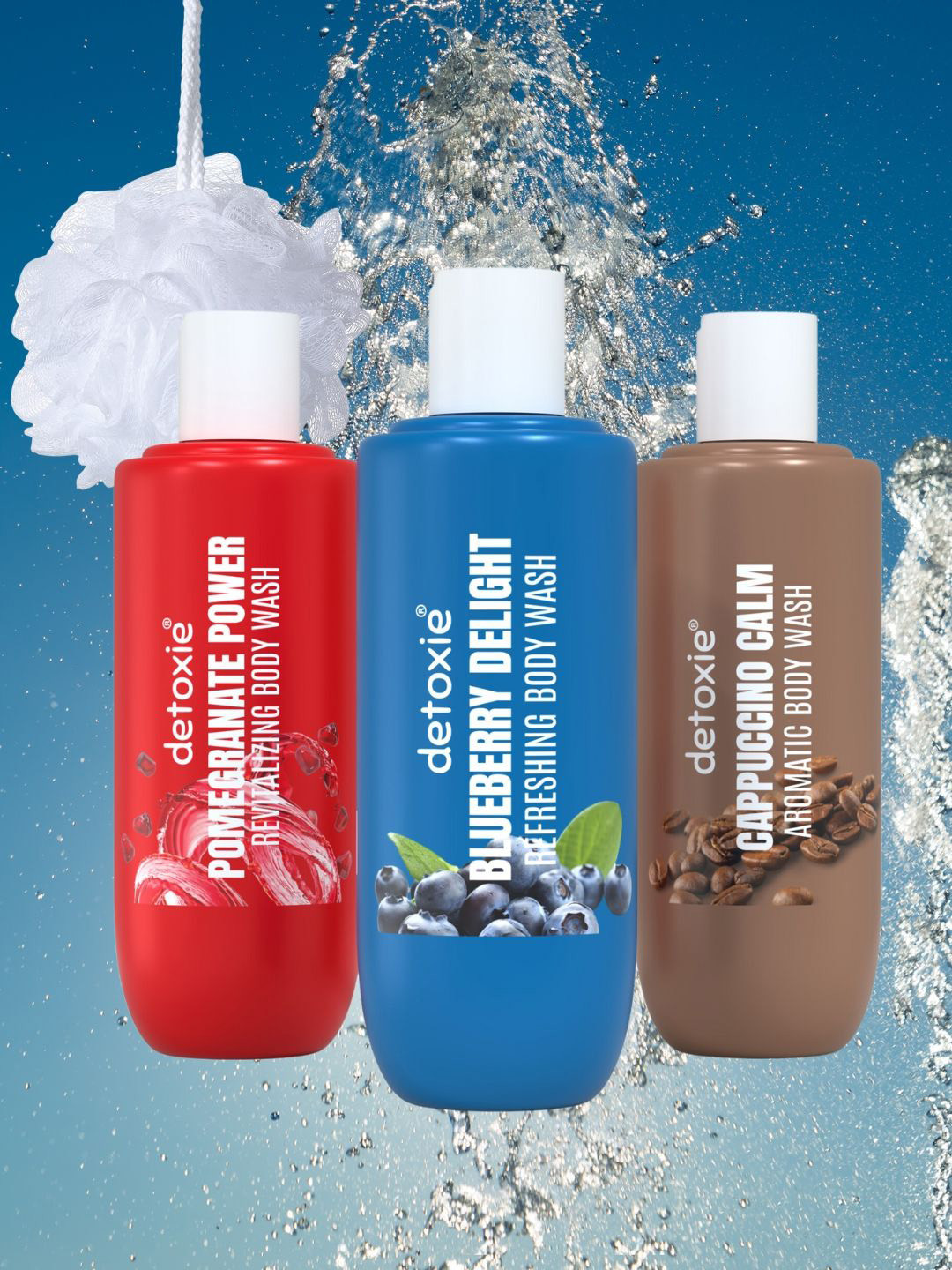 Detoxie Set Of 3 Coffee, Blueberry & Pomegranate Body Wash & Loofah - 250 ml Each