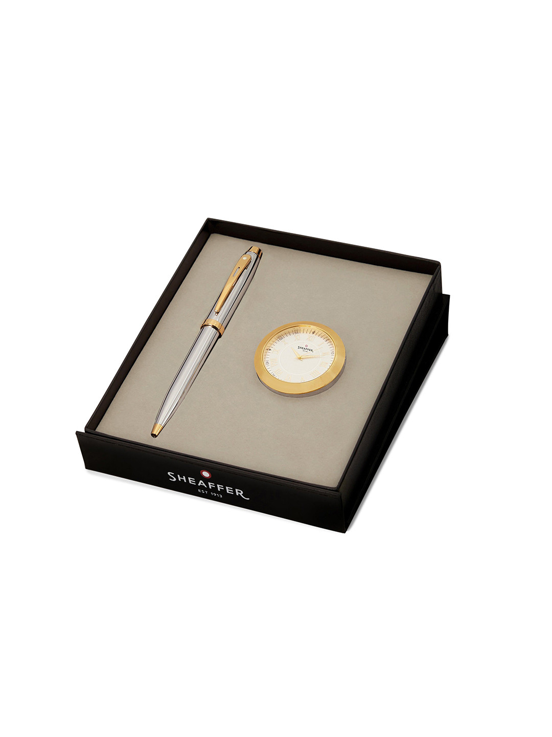 Sheaffer Chrome with Gold Trim G9340 Ballpoint Pen with Table Clock Giftset