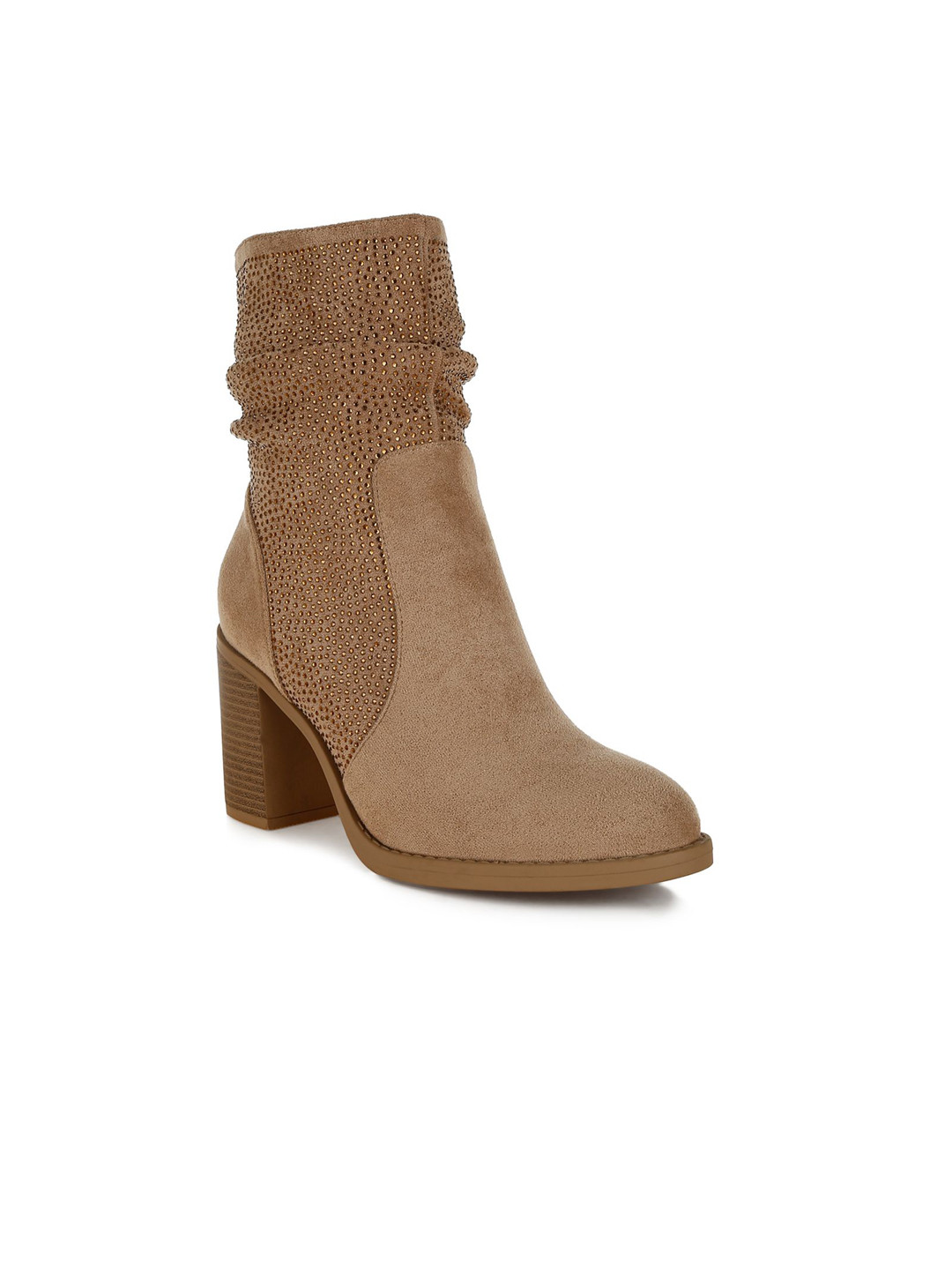 London Rag Women Rhinestone Studded Block Heel Slouchy Boots