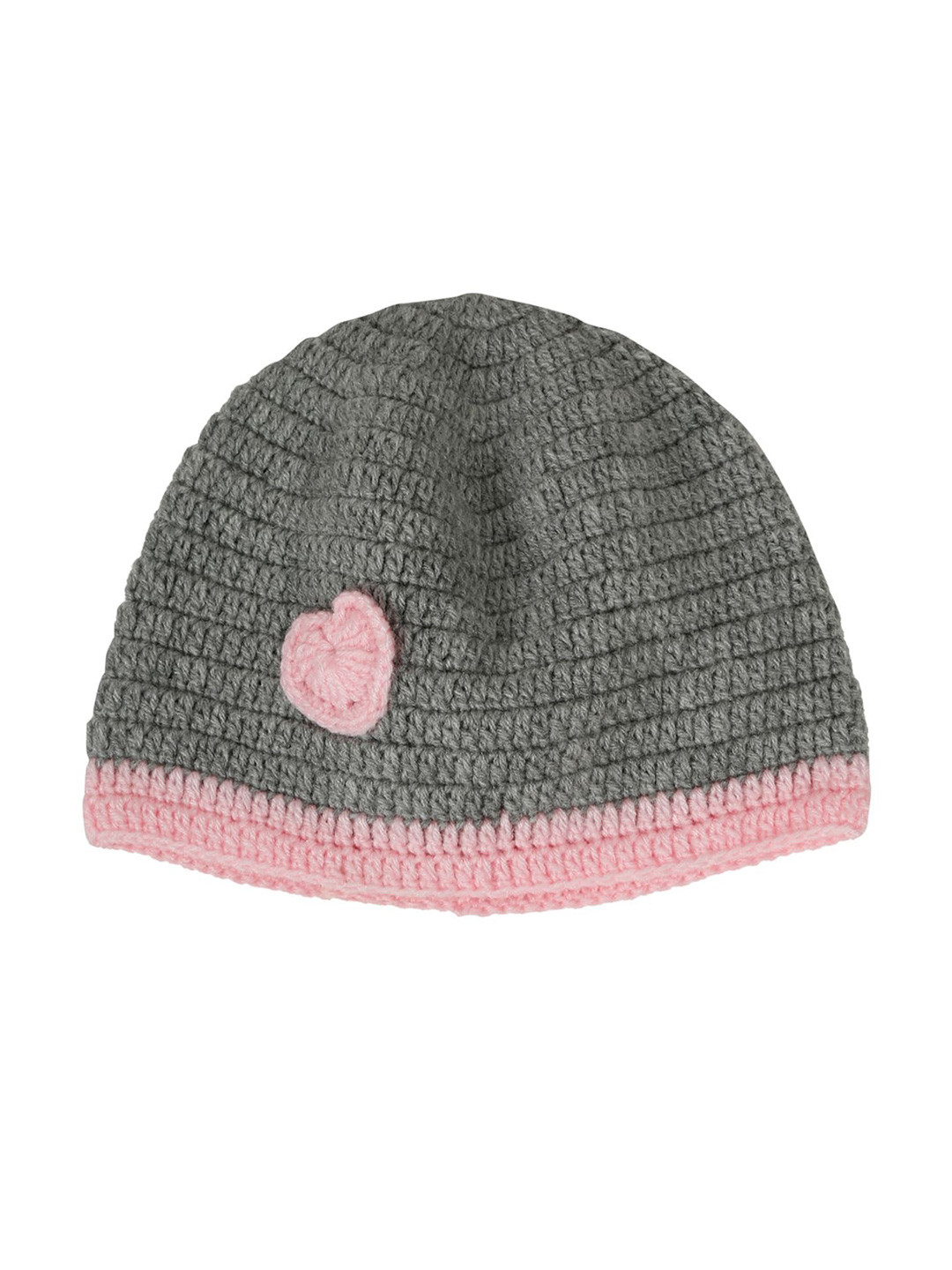 LITTLE GINNIE Kids Grey & Pink Self Design Heart Crochet Woollen Beanie