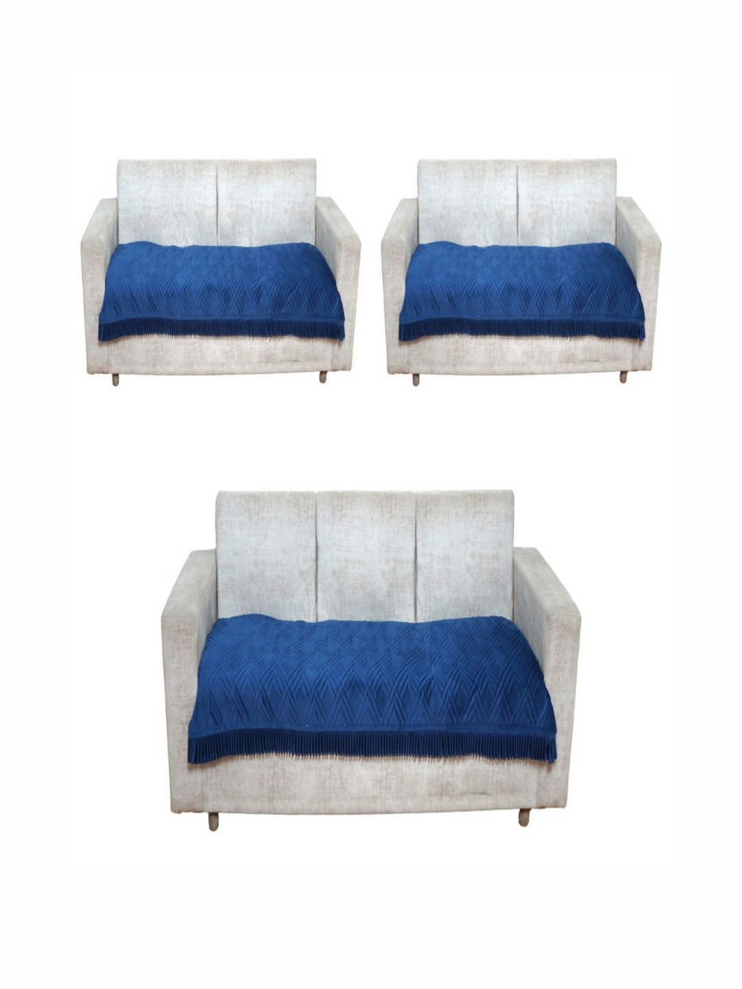 Fashion Throw Teal Blue 3 Pieces Self Design 7 Seater Velvet Sofa Covers