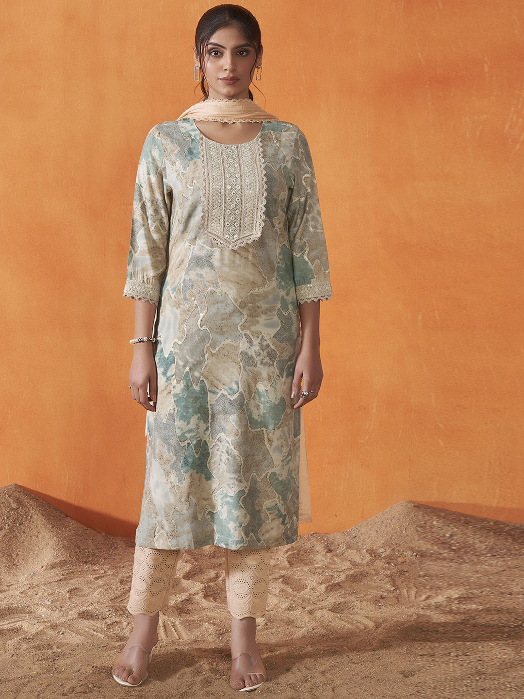 Anouk Mint Abstract Printed Round Neck Chanderi Silk Kurta With Trouser And Dupatta
