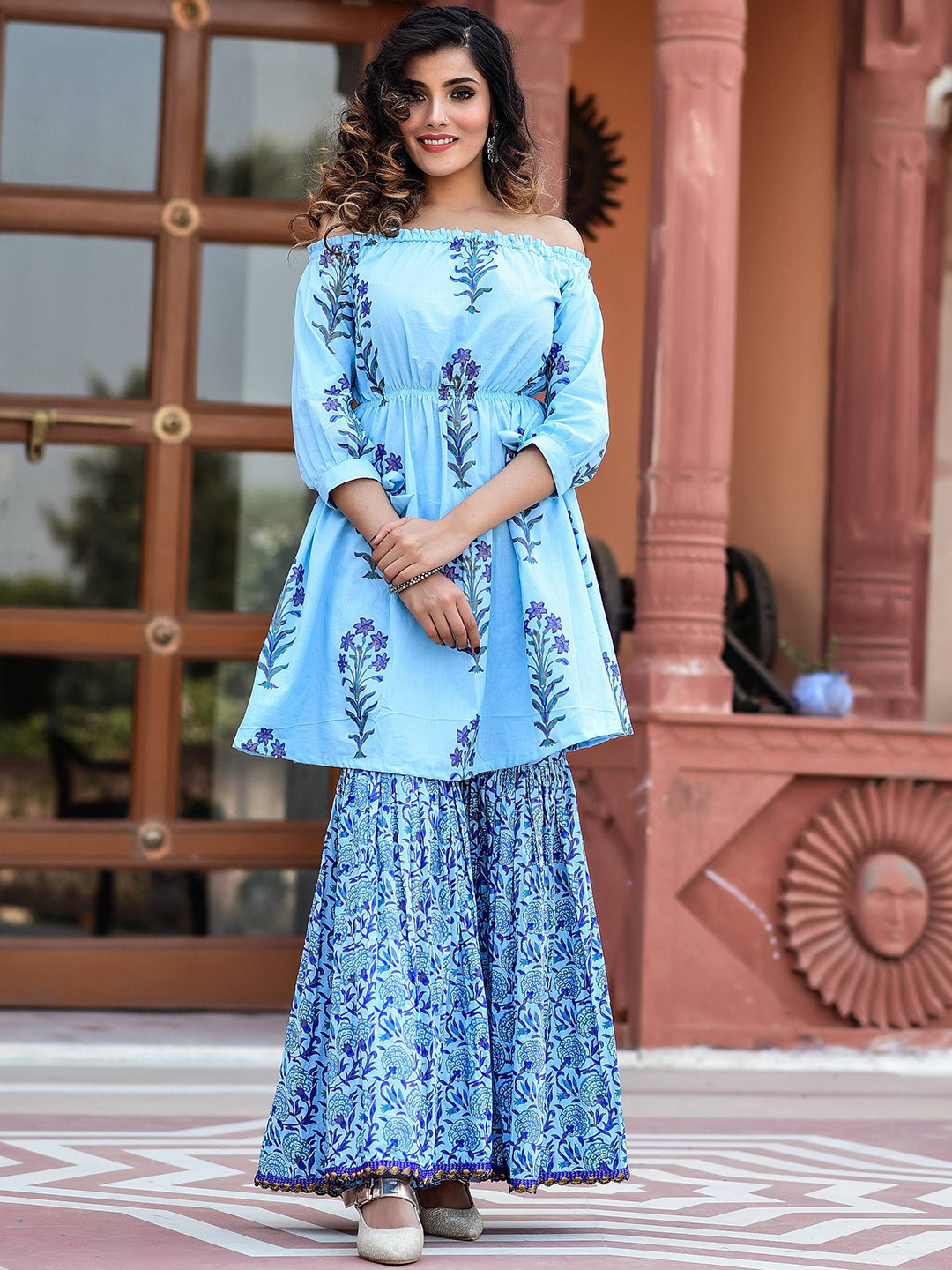 Anastay Clothing Floral Printed Off-Shoulder Anarkali Kurta With Sharara
