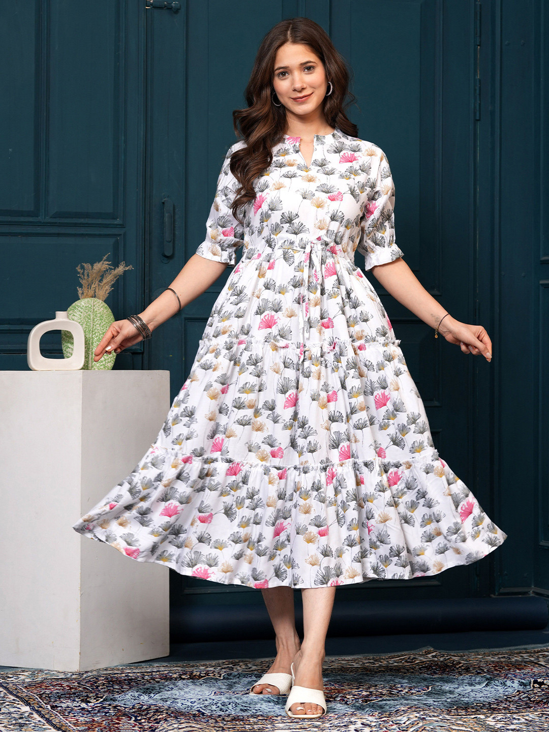 Twirl Tales Floral Print A-Line Midi Dress