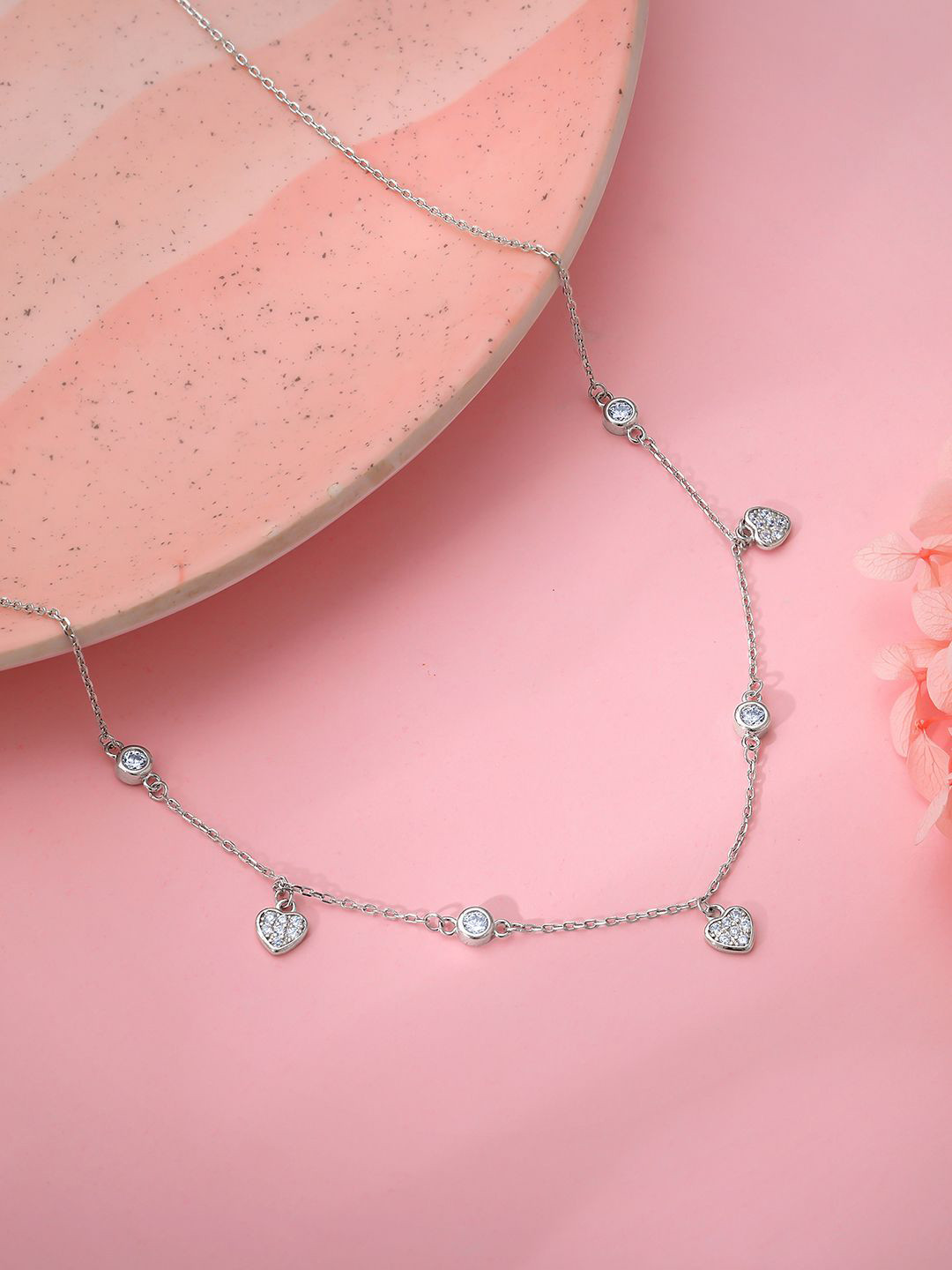 GIVA Sterling Silver Rhodium-Plated Stone-Studded Heart Charm Necklace