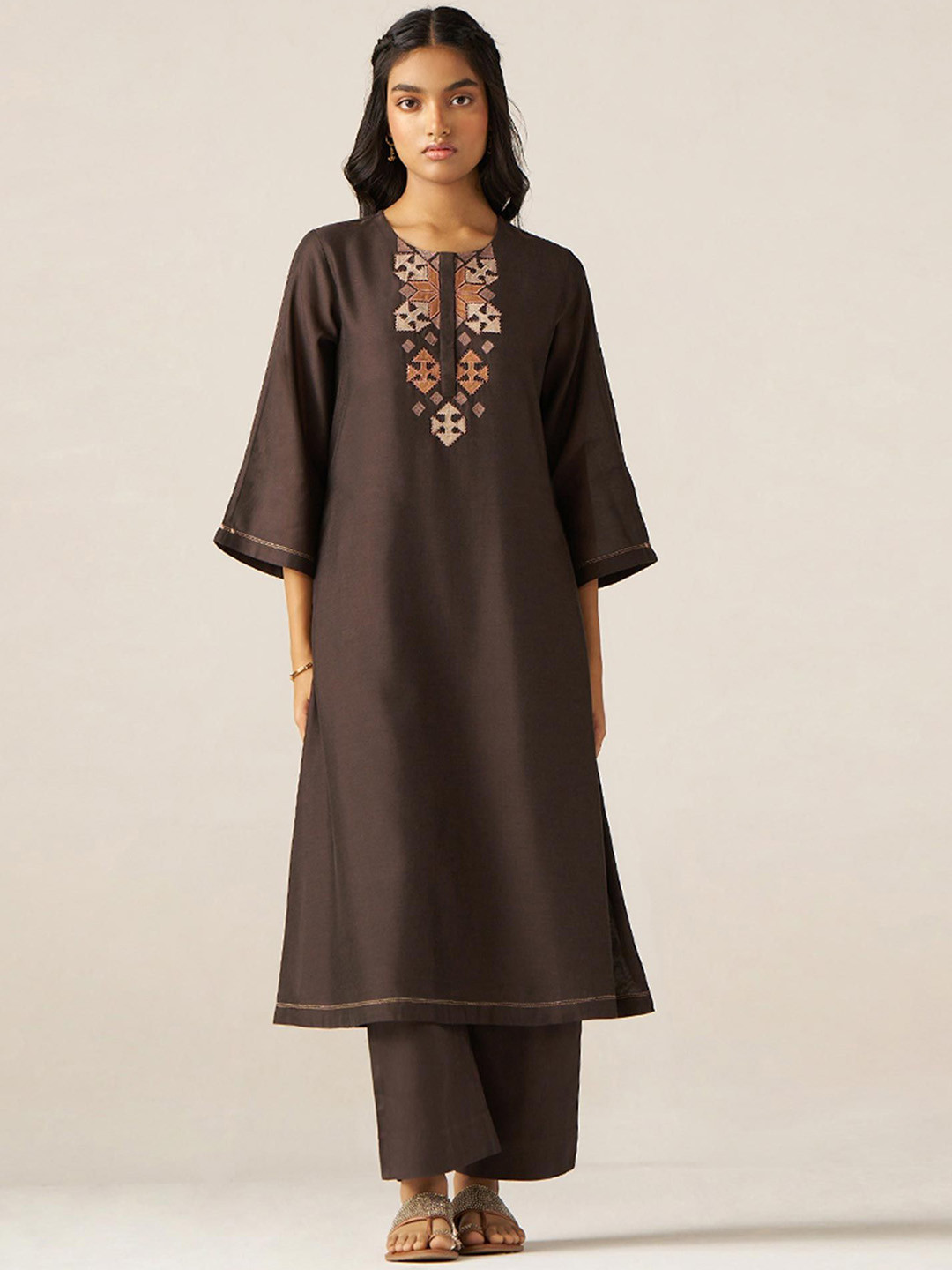 Ganga Geometric Embroidered Round Neck Gotta Patti Straight Kurta With Palazzos