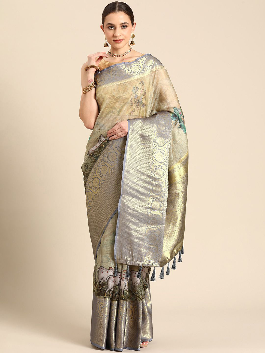 DIVASTRI Pichwai Munga Checks Silk Digital Printed Saree With Woven Pallu & Border