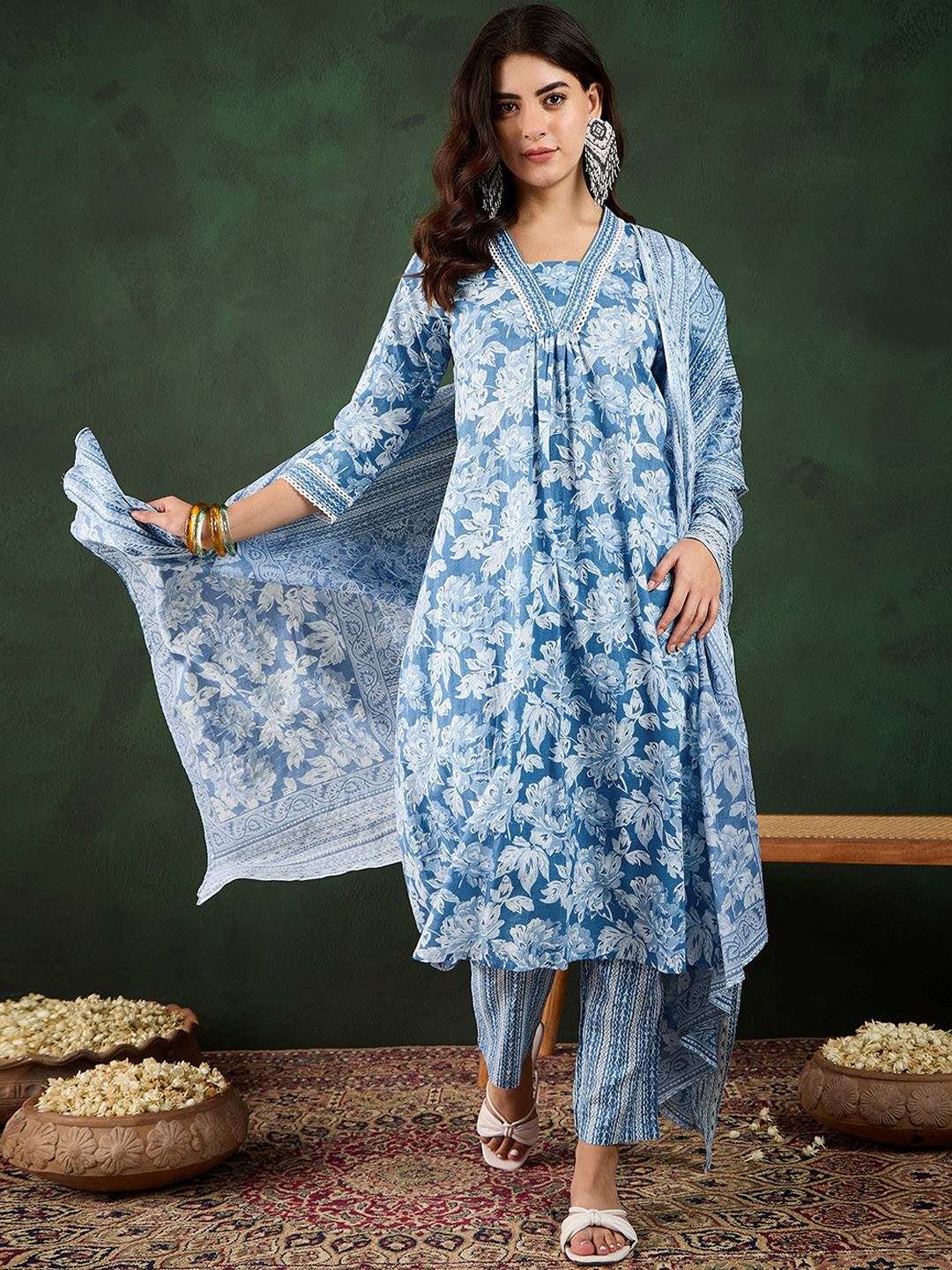 Sangria Blue Floral Printed Pleated Pure Cotton A-Line Kurta With Trousers And Dupatta