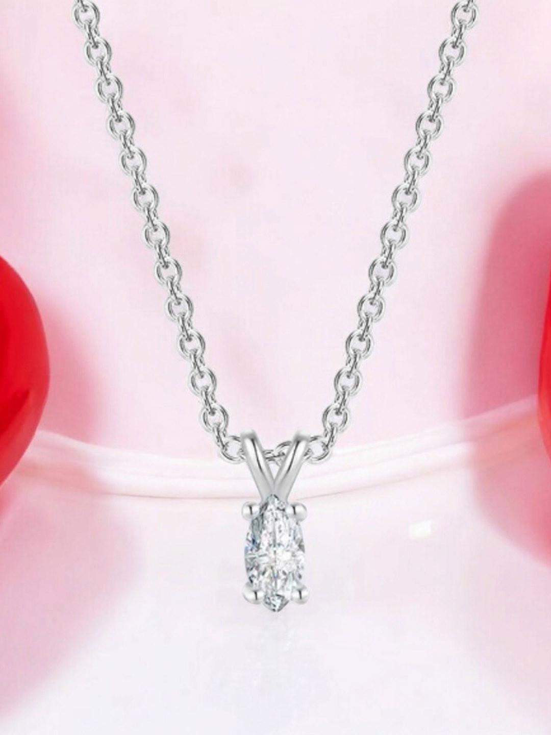 Nilu's Collection Silver-Plated Cubic Zirconia Studded Solitaire Oval Pendant With Chain