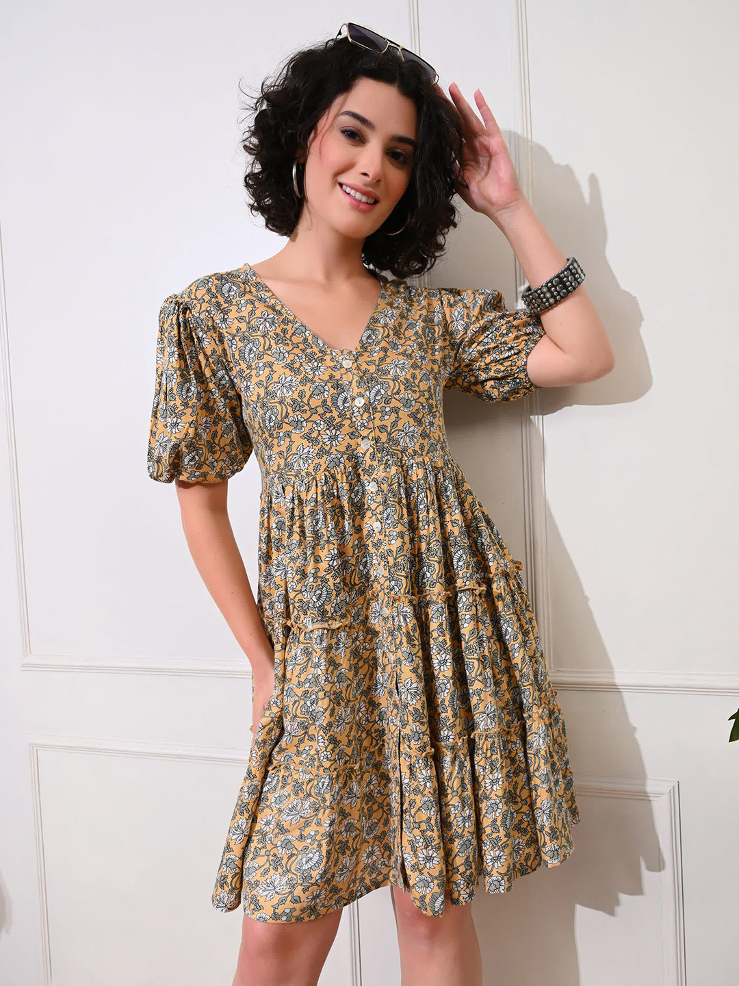 DECKEDUP Floral Print Tiered Fit & Flare Above Knee Dress