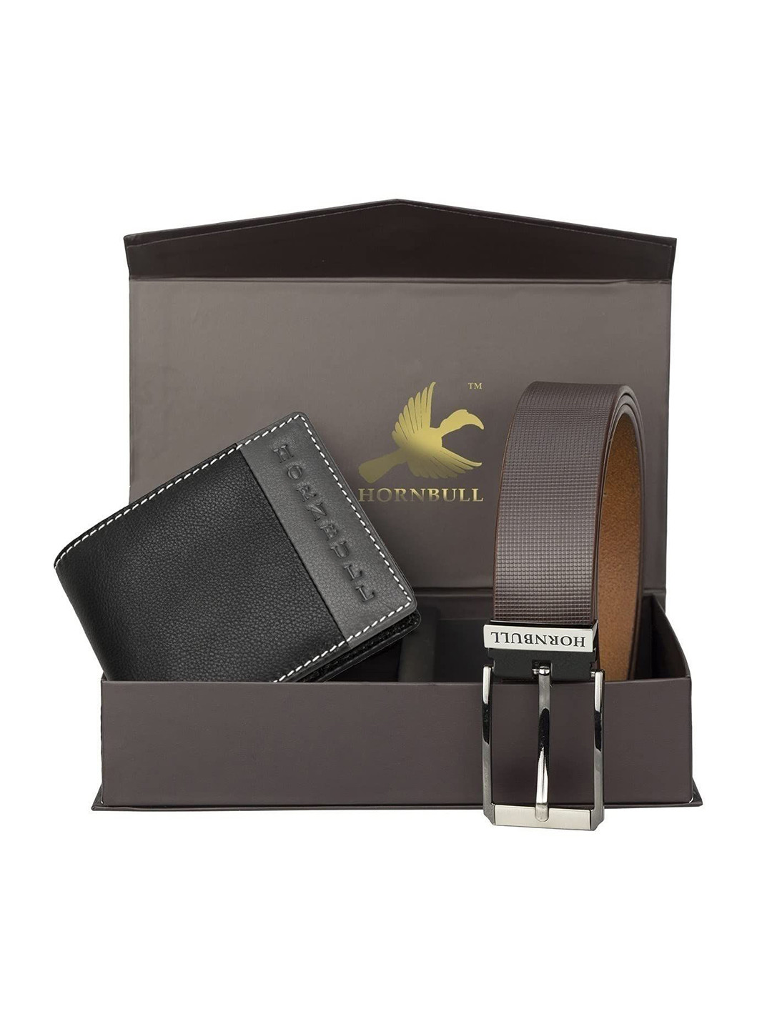 Hornbull Men Taylor Leather RFID Black-Grey Wallet & Brown Belt Accessory Gift Set