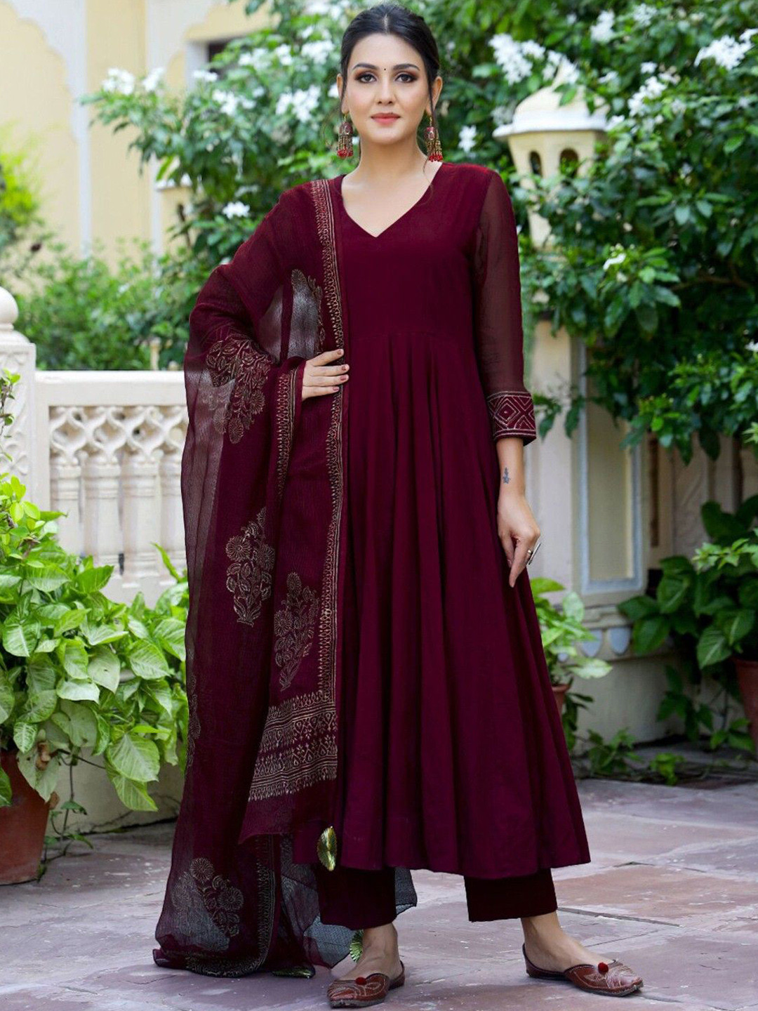 DIVASTRI V-Neck Anarkali Kurta With Trouser And Dupatta
