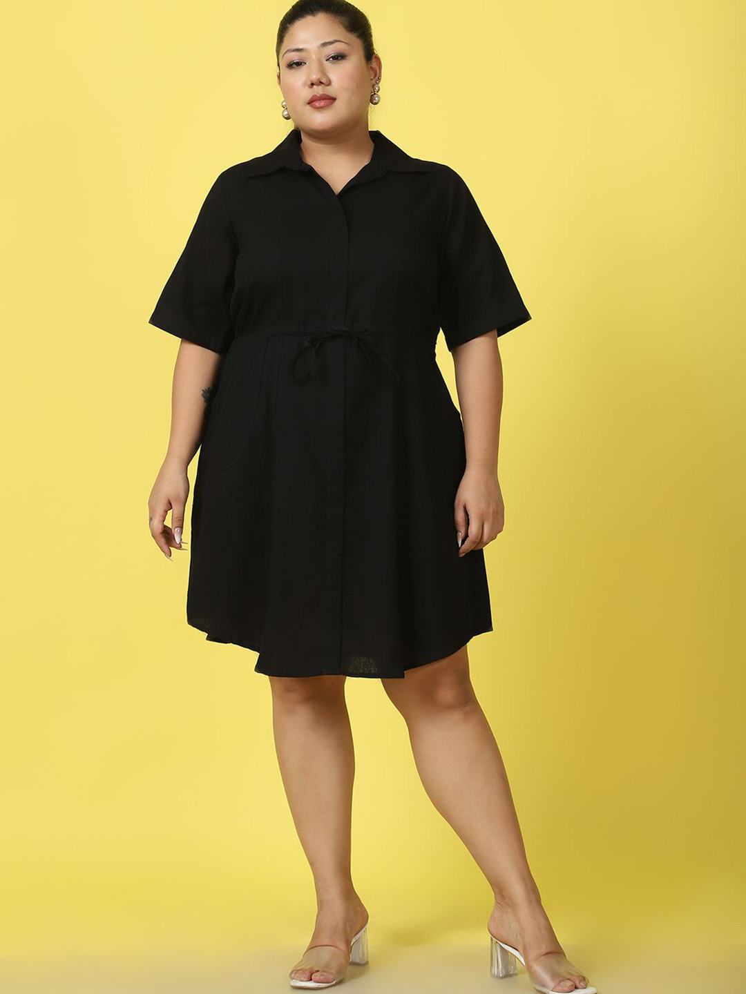 theRebelinme Plus Size Shirt Collar Short Sleeves Linen A-Line Midi Dress