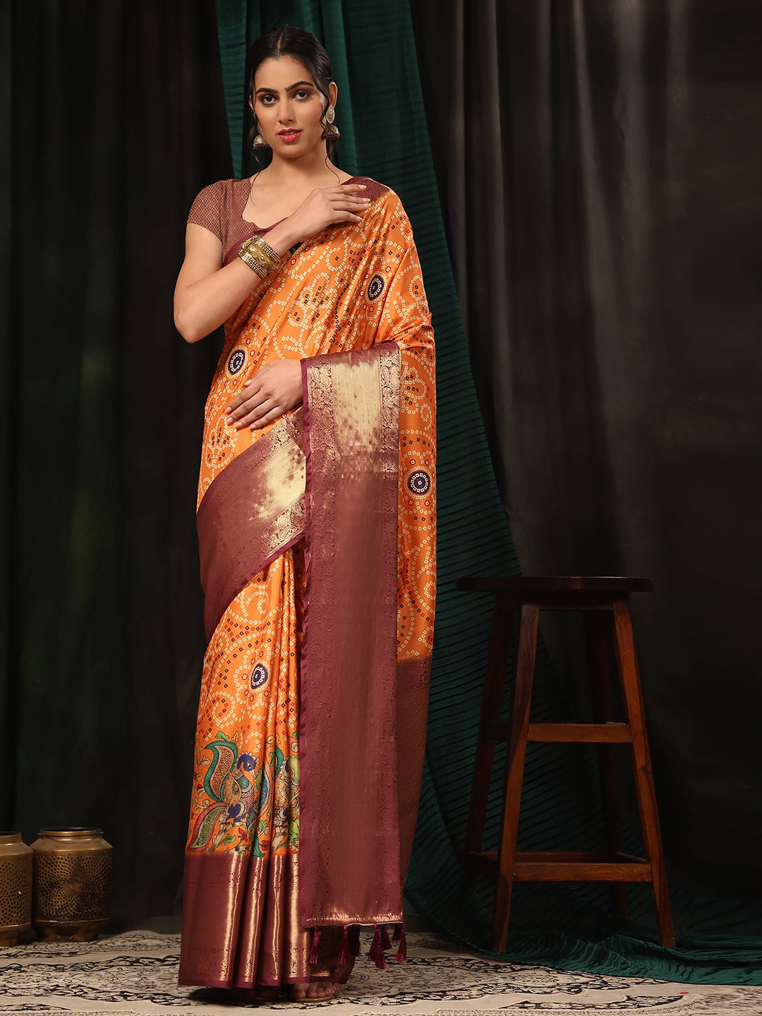 DIVASTRI Soft Silk Bandhani With Kalamkari Digital Printed Saree