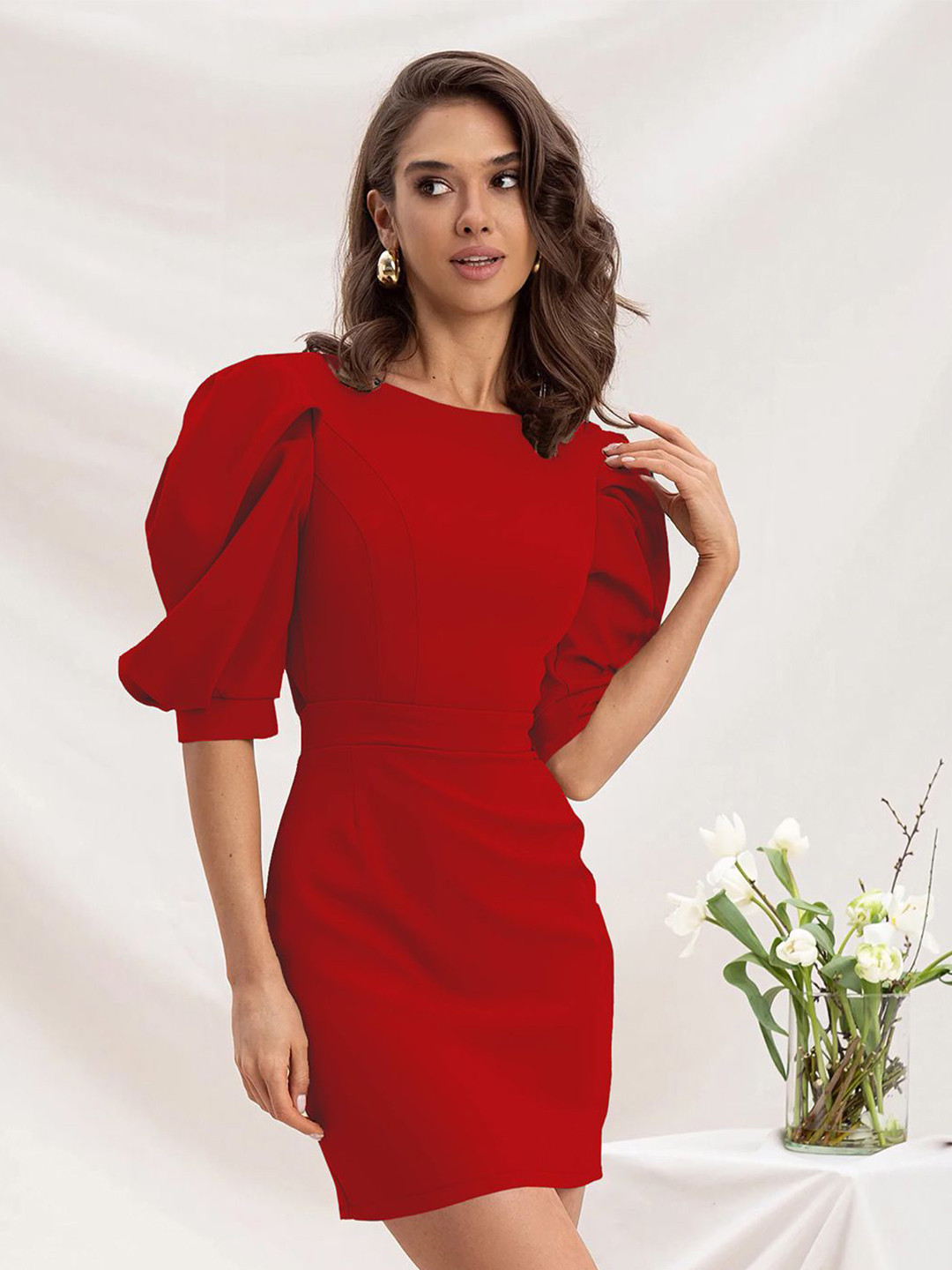 ADDYVERO Women Puff Sleeves Bodycon Dress