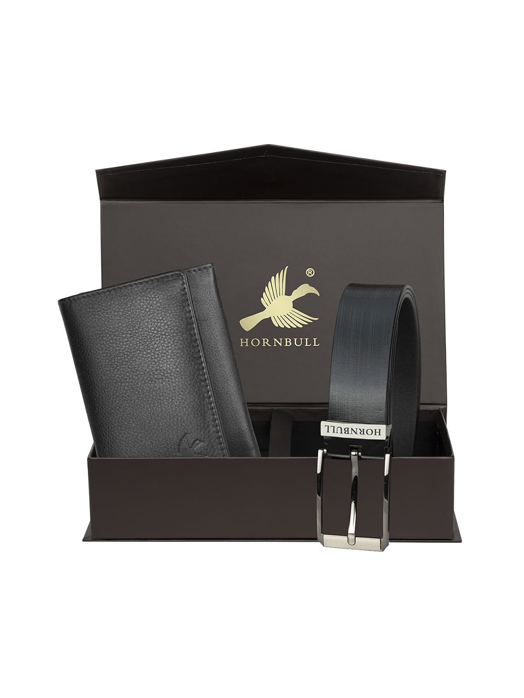 Hornbull Three Fold Leather RFID Safety Black Wallet & Black Belt Accessory Gift Set