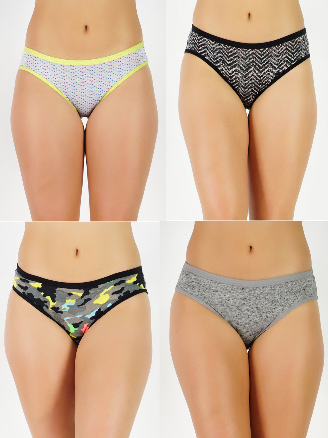 GOTO Women Pack Of 4 Mid Rise Bikini Briefs Cotton-Print-penty White Zig Army MGrey 4ps