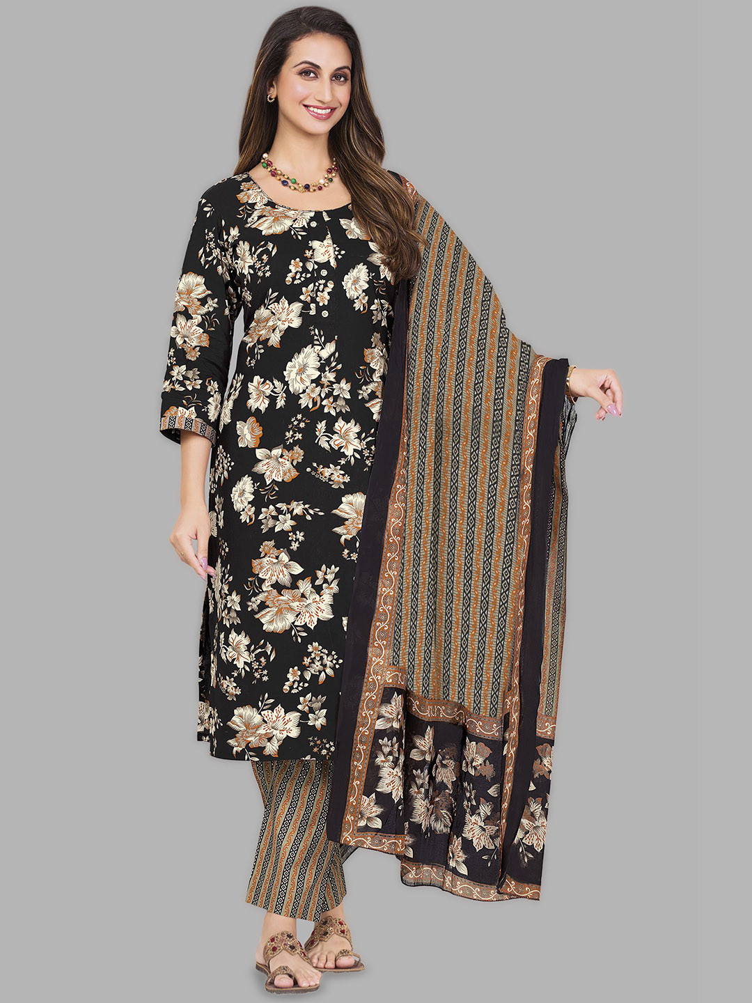 Simmu Floral Printed Round Neck Pure Cotton Straight Kurta With Trouser & Dupatta