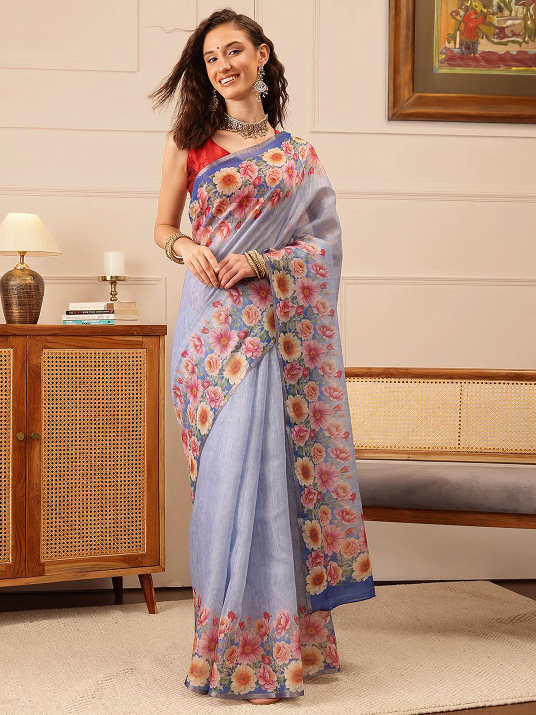 DIVASTRI Cotton Tissue Silk Floral Digital Print Saree