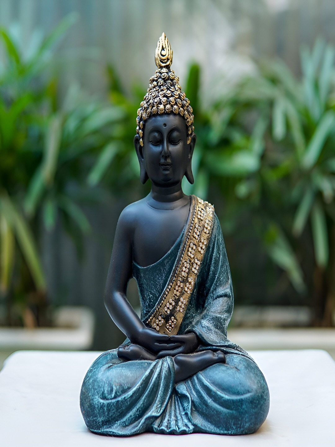Craftlayout Buddha Green Polyresin Matte Living Room Medium Showpiece - 11 Inches