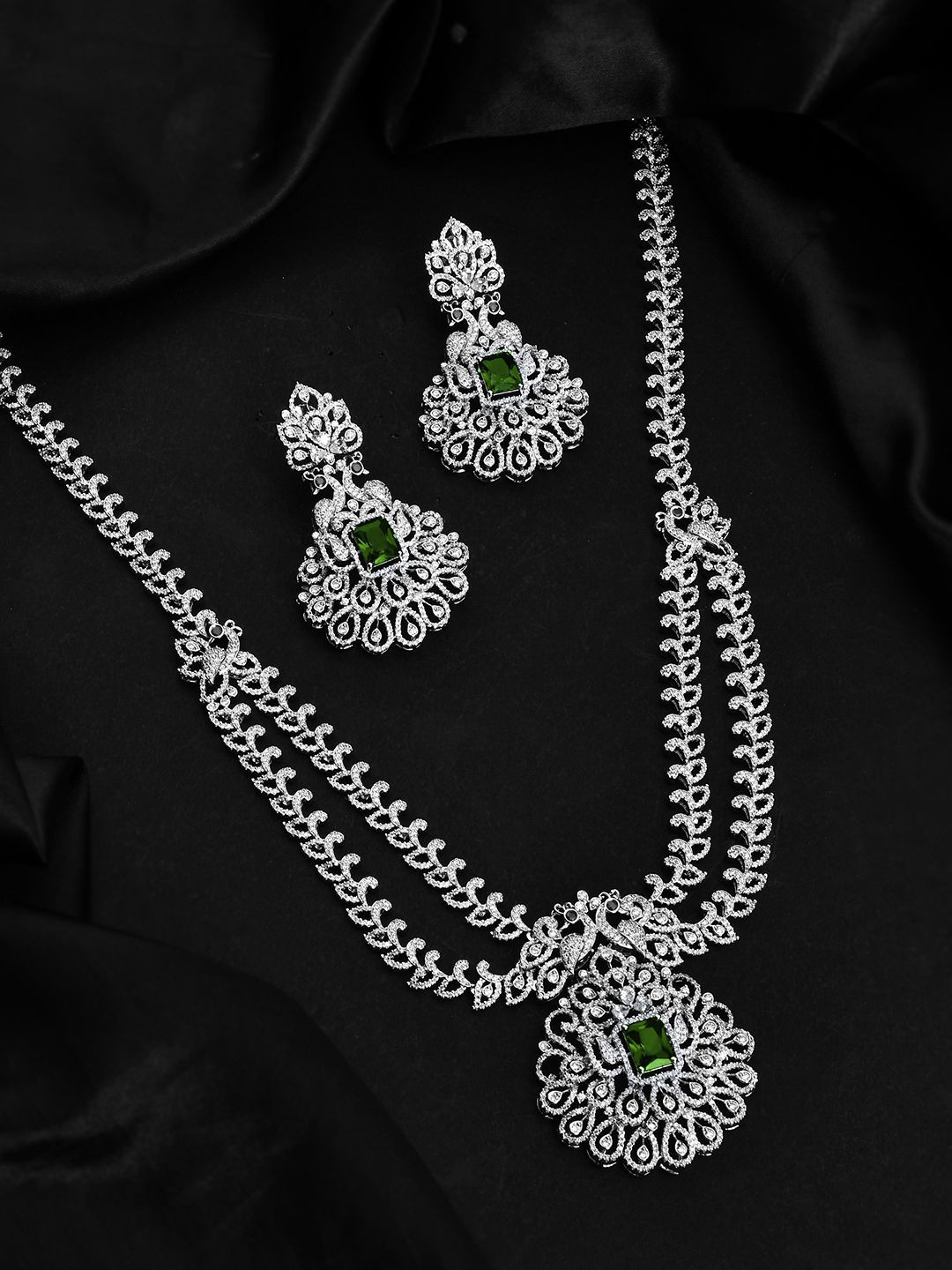 Voylla Sparkling Opulance Emerald Plume American Diamond Necklace Set